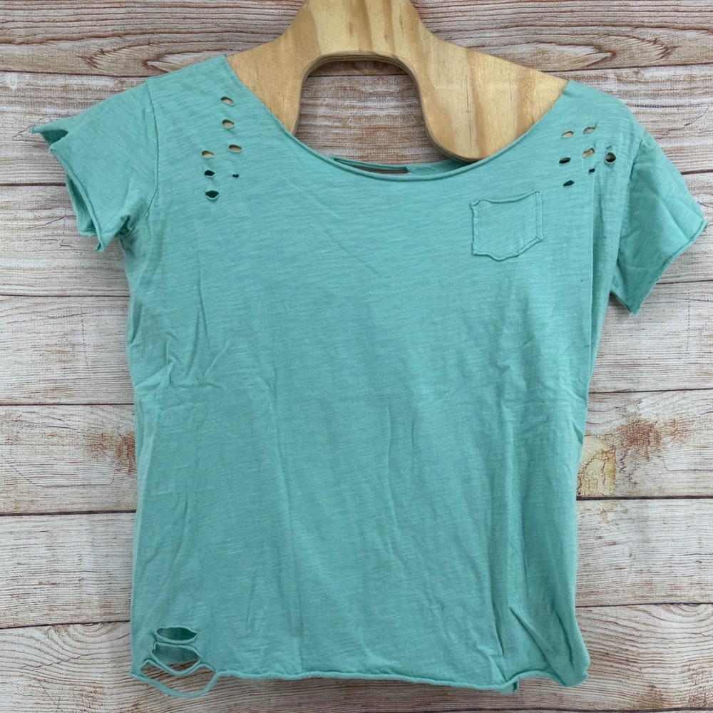 A Rare Bird Teal Distressed Slub Knit Pocket T-Shirt L/XL Short Sleeve Edgy - Picture 2 of 10